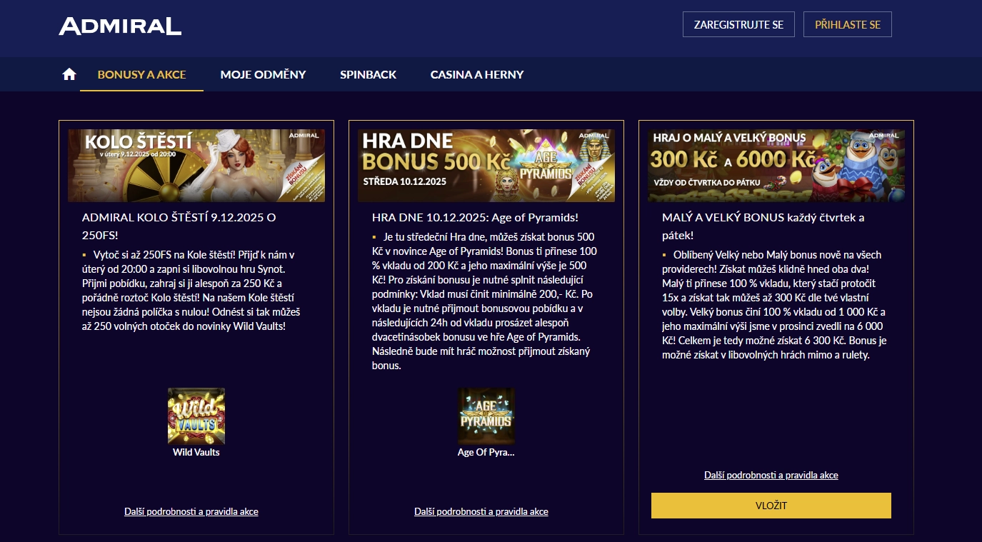 Přehled bonusů v Admiral Casino