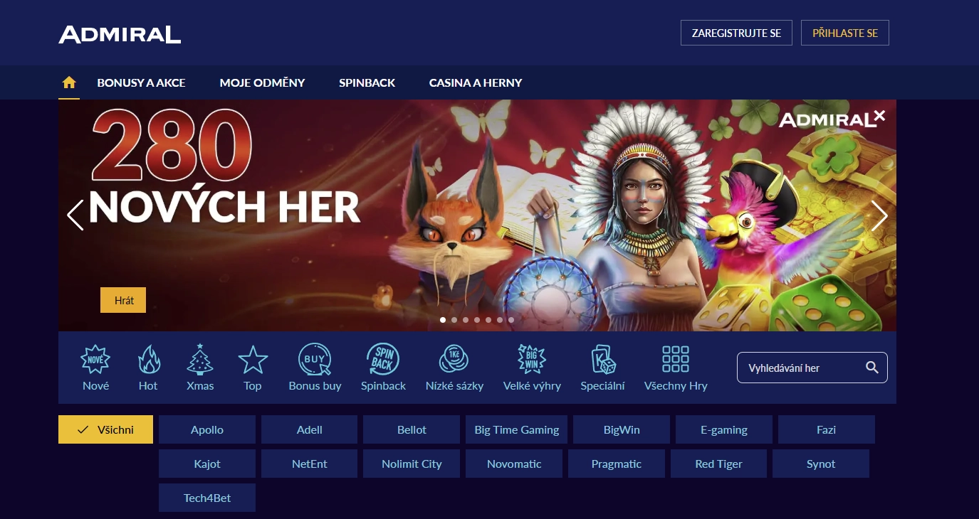 Ukázka hlavní stránky Admiral Casino